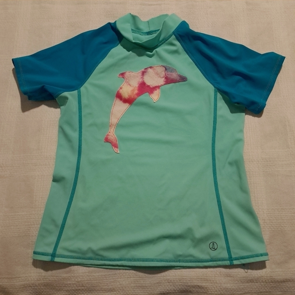 Lands End girls size 14 2 tone teal rashguard with dolphin applique